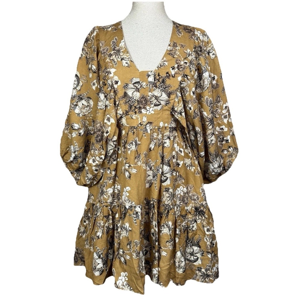 Shona Joy Cecilia Mini Dress 6 Ochre Floral Linen Blend Boho Cottage Resortwear